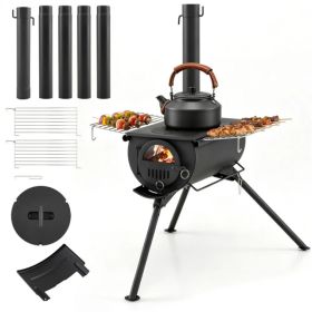 Portable Foldable Wood Burning Tent Stove With 5 Sections Chimney, Heavy Duty Carbon Steel Camping Stove With View Window & Cooking Racks For Outdoor