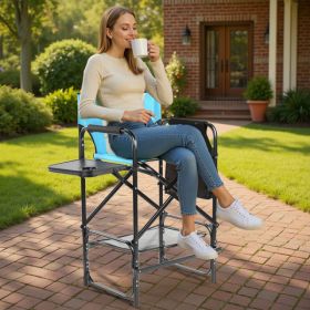 31inch Tall Directors Chair With Footrest, 4Portable Bar Height Folding Camping Chair With Built-in Cup Holder, Side Table, Storage Pocket, Blue & Gra