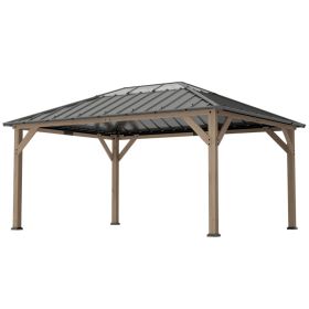 12' x 16' Hardtop Gazebo with Galvanized Steel Roof, UPF50+ Wood Permanent Pavilion with Clear Roof Top, Light Walnut