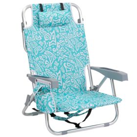 1 PCS Aluminum Beach Chair, 8.5 Inch Seat Height Teal Tribal Pattern, Adjustable Folding Chair With Headrest, Shoulder Strap, 2-in-1 Cup Holder Side P