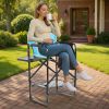 31" Tall Directors Chair with Footrest, 4Portable Bar Height Folding Camping Chair with Built-in Cup Holder, Side Table, Storage Pocket, Blue & Gray